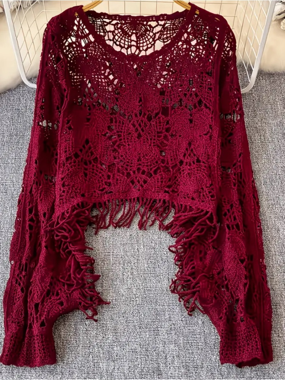 Crochet Fringe Burgundy Sweater